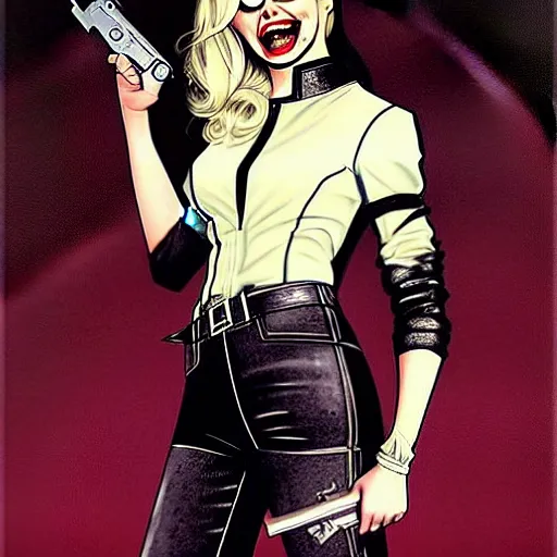 Prompt: Rafael Albuquerque art, Norman Rockwell, pretty Margot Robbie vampire, sharp teeth, evil smile, symmetrical face symmetrical eyes, leather jacket, jeans, long blonde hair, full body, holding HK pistol in hand, hands with five fingers, realistic hands