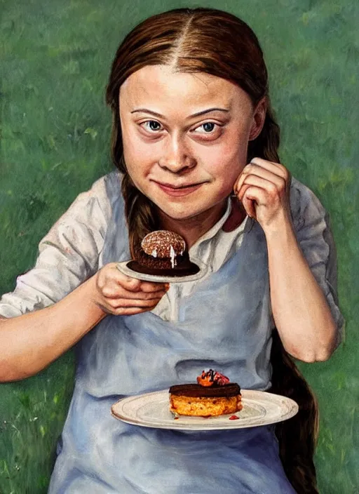 Image similar to greta thunberg eating cakes painted by otto dix, detailed digital art, trending on Artstation