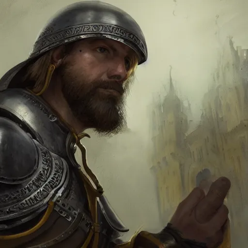 Image similar to Closeup of frustrated male medieval lieutenant with a {short} beard wearing a black!!!! and yellow tabard over a steel breastplate and a black gambeson looking up from a map on a table, intricate, dramatic lighting illustration by Greg Rutkowski, ArtStation, digital art, fantasy