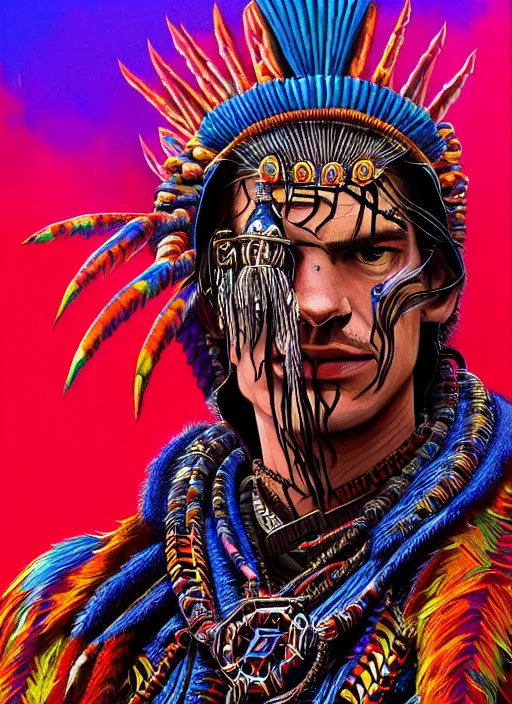 Image similar to portrait of andrew garfield, hyper detailed ultra sharp aztec shaman warrior. trending on artstation, warpaint aesthetic, bloodwave, colorful, psychedelic, ornate, intricate, digital painting, concept art, smooth, sharp focus, illustration, art by artgerm and greg rutkowski and h. r. giger, 8 k