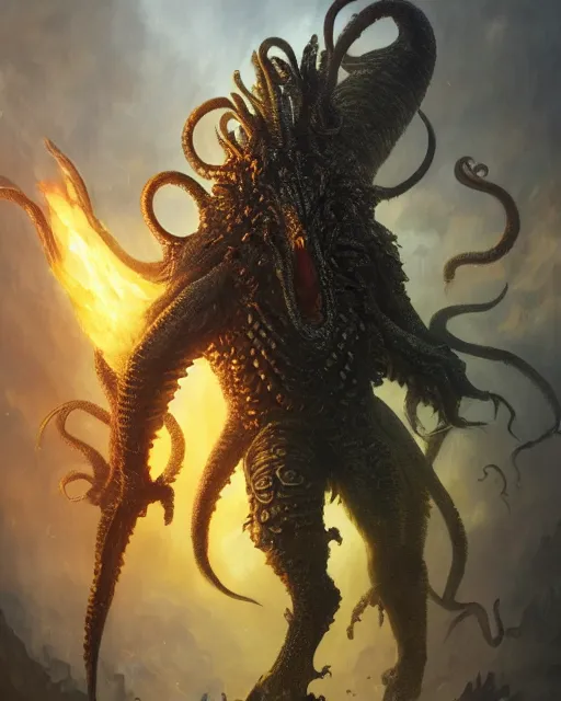 Image similar to oil painting of Cthulhu, wearing intricate fur armor, sharp focus, holding magical fiery Sword, magical aura, heroic pose, fantasy style, octane render, volumetric lighting, 8k high definition, by greg rutkowski, highly detailed, trending on art Station, magic the gathering artwork, magical Battlefield backround, centered