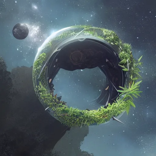 Image similar to a futuristic planetary ring, with vegetation, highly detailed, smooth, sharp, award winning art by greg rutkowski