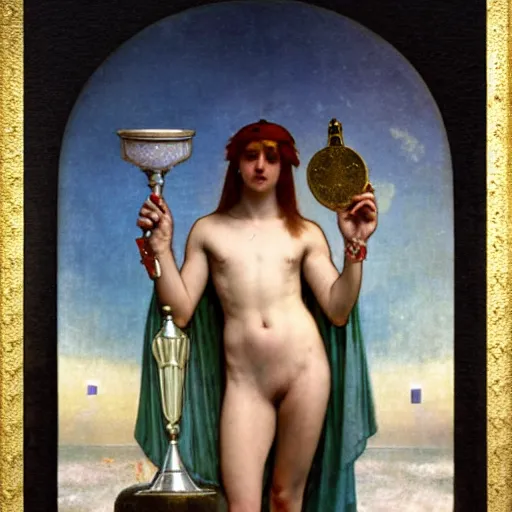 Image similar to Justice with a blood dripping chalice at the palace, thunderstorm, pool, beach and palm trees on the background major arcana sky, by paul delaroche, alphonse mucha and arnold böcklin arnold böcklin hyperrealistic 8k, very detailed