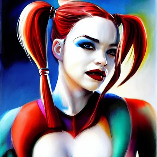 Prompt: Emilia Clark as Harley Quinn fantasy arty by boris vallejo