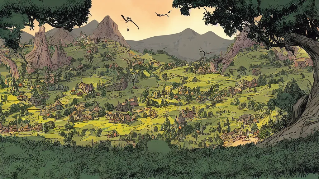 Image similar to a genndy tartakovsky illustration of the shire from lord of the rings