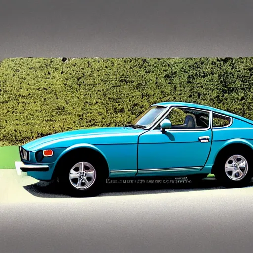 Image similar to a photorealistic image of a blue 1975 Datsun 260Z