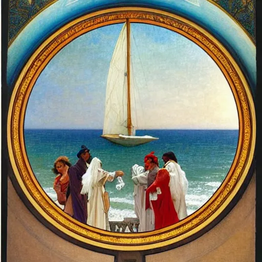 Prompt: Angels with jester hats and clothes forming a circle on the front of a Balustrade with a beach and a sail boat on the background, major arcana cards, by paul delaroche, alphonse mucha and daniel garber daniel garber hyperrealistic 8k, very detailed