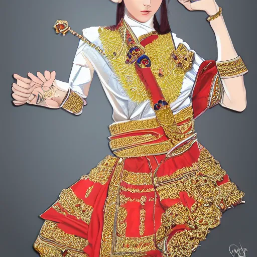 Prompt: fashion designing art by Cushart, Krenz of a beautiful girl wearing modern stylish costume in the style of Assamese bihu mekhela sador gamosa design, elegant glamourous cosplay, ornamental, intricate, sensual, medium shot, mid-shot, highly detailed, trending on Artstation, golden ratio, sharp focus