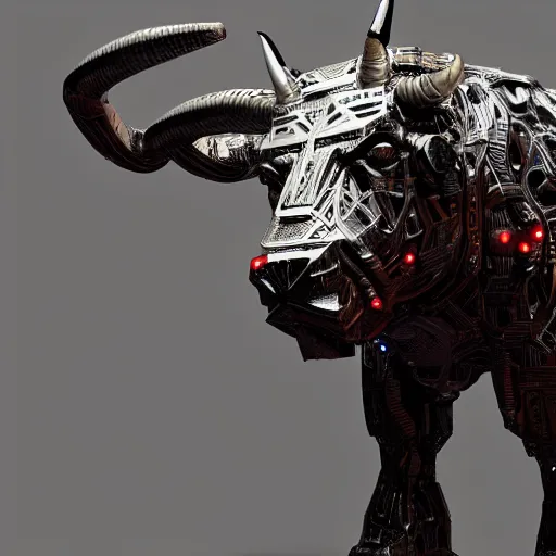 Prompt: a full body shot of a cyborg ( bull ) modeled after a bull looking into the camera, android, cyborg, full body shot, intricate, 3 d, hyper realism, fantasy, depth of field, octane render, symmetrical, highly detailed, digital art, artstation, concept art, cinematic lighting, trending