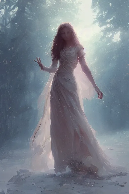 Prompt: a beautiful picture of a girl in beautiful dress ， by greg rutkowski and thomas kinkade, trending on artstation