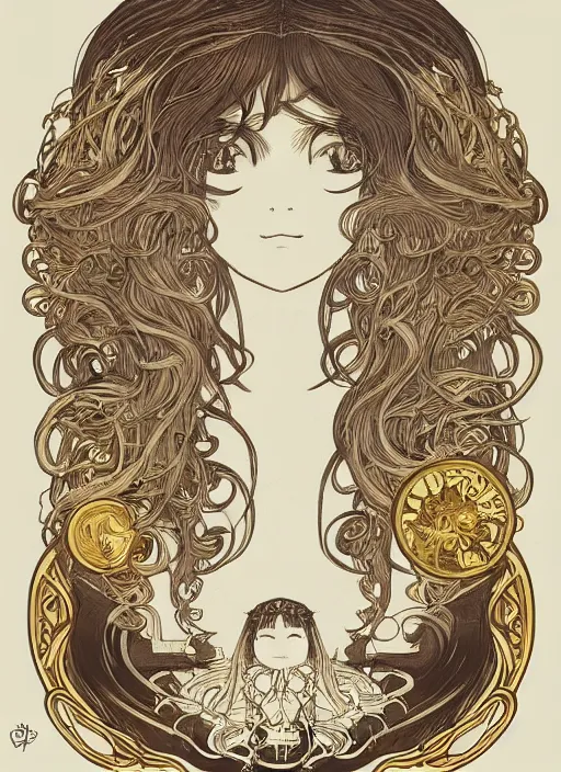 Image similar to photographer looking through camera, design on white background, gnarly details, gold, drawn by studio ghibli, alphonso mucha, lolish, trending on artstation