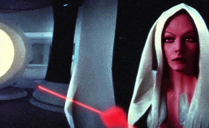 Image similar to screenshot portrait of female sith lord, on a planet of maelstrom, chaos, the world without form and void, 1970s film by Stanley Kubrick, iconic scene, HR Geiger design, stunning cinematography, hyper-detailed, sharp, anamorphic lenses, kodak color, 4k, stunning