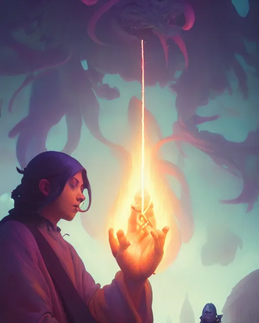 Image similar to old mage casting a light spell, highly detailed vfx portrait, unreal engine, greg rutkowski, loish, rhads, beeple, makoto shinkai and lois van baarle, ilya kuvshinov, rossdraws, tom bagshaw, alphonse mucha, global illumination, detailed and intricate environment