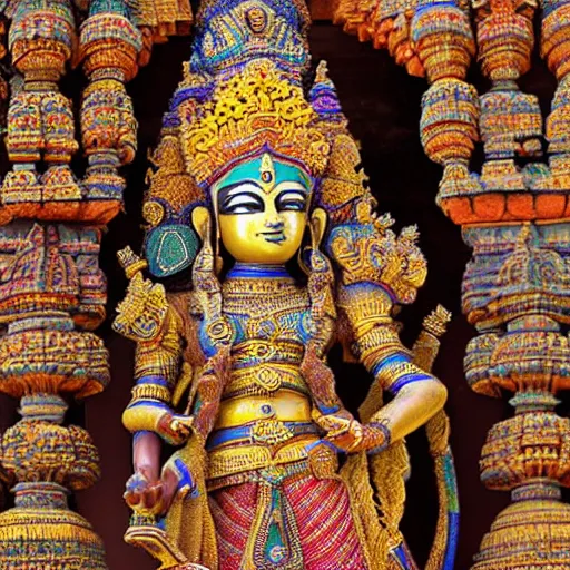 Image similar to a woman wearing an armor and head - dress. the armor and head - dress is made out of the colors, textures and sculptures of the meenakshi temple in madurai. intricate. detailed.