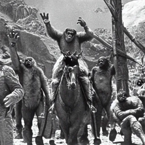 Image similar to still of planet of the apes 1 9 6 8, in madrid city