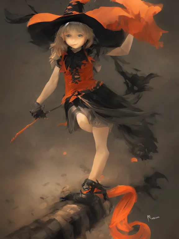 Image similar to Full shot of a cute mischievous young witch about to get up to some trouble. Black and Orange palette. By Ruan Jia and Artgerm and Range Murata and WLOP and CLAMP. Key Art. Fantasy Illustration. award winning, Artstation, intricate details, realistic, Hyperdetailed, 8k resolution.