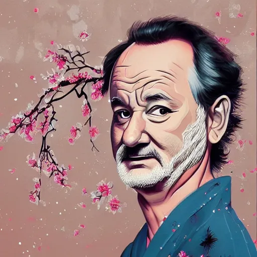 Image similar to bill murray, wearing kimono, by artgerm, cherry blossom falling, nagel