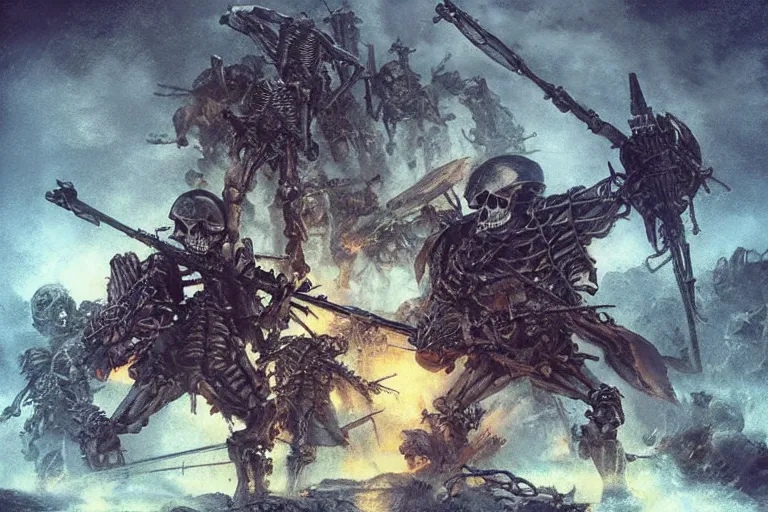 Prompt: skeleton scourge ww 2, art by noriyoshi ohrai and paul youll and steve fiorilla, trending on artstation, rembrandt lighting tilt - shift polaroid, epic fantasy, retrowave, hyperrealism, luminism