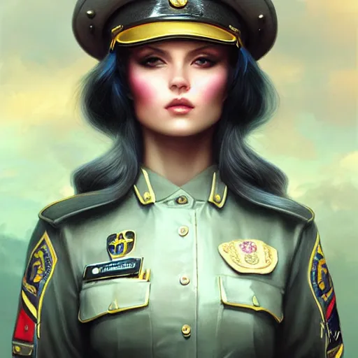 Image similar to gorgeous russian woman in police uniform by tom bagshaw, jeremiah ketner, soft lighting, solid background,