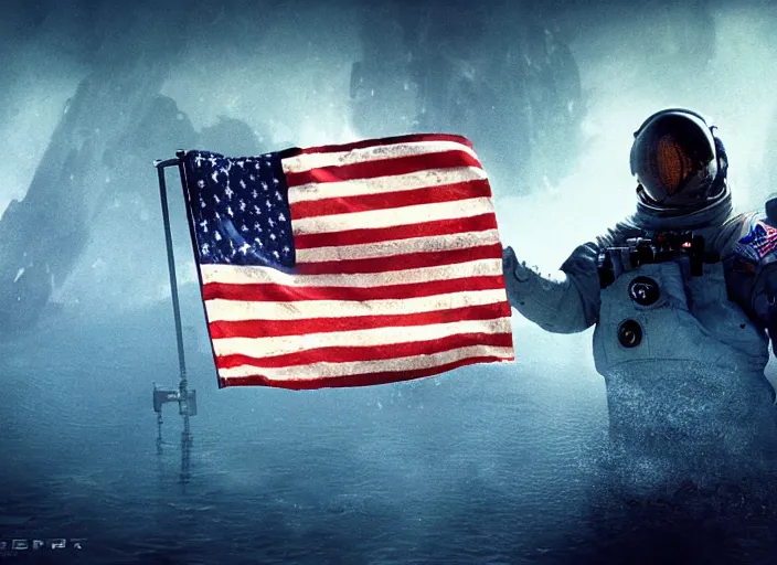 Image similar to astronaut holding a flag in an underwater desert. a submarine is visible in the distance. dark, concept art, cinematic, dramatic, atmospheric, 8 k, trending on artstation, blue, fish, low visibility, fog, ocean floor, christopher nolan, interstellar