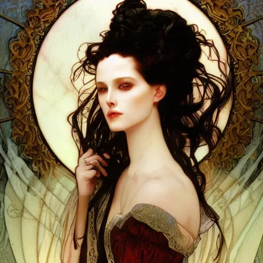 Prompt: realistic detailed face portrait of a Ghostly Gothic Marie Antoinette by Alphonse Mucha, Ayami Kojima, Amano, Charlie Bowater, Karol Bak, Greg Hildebrandt, Jean Delville, and Mark Brooks, Art Nouveau, Neo-Gothic, gothic, rich deep moody colors