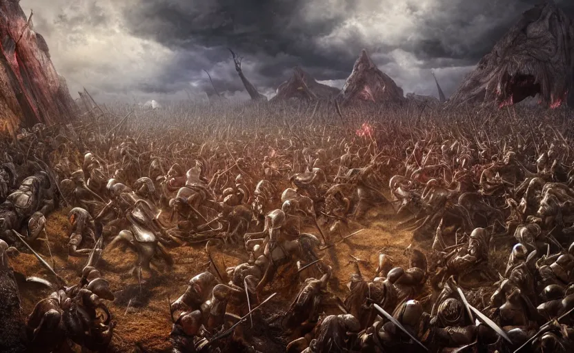 Prompt: realistic photograph of the battle of the pelennor fields, detailed, by erwin olaf, joop geesink, lisa frank, hr giger, beksinski, brian froud, 8 k resolution, beautiful lighting, studio light, extremely detailed, establishing shot, realistic materials, hyperrealistic