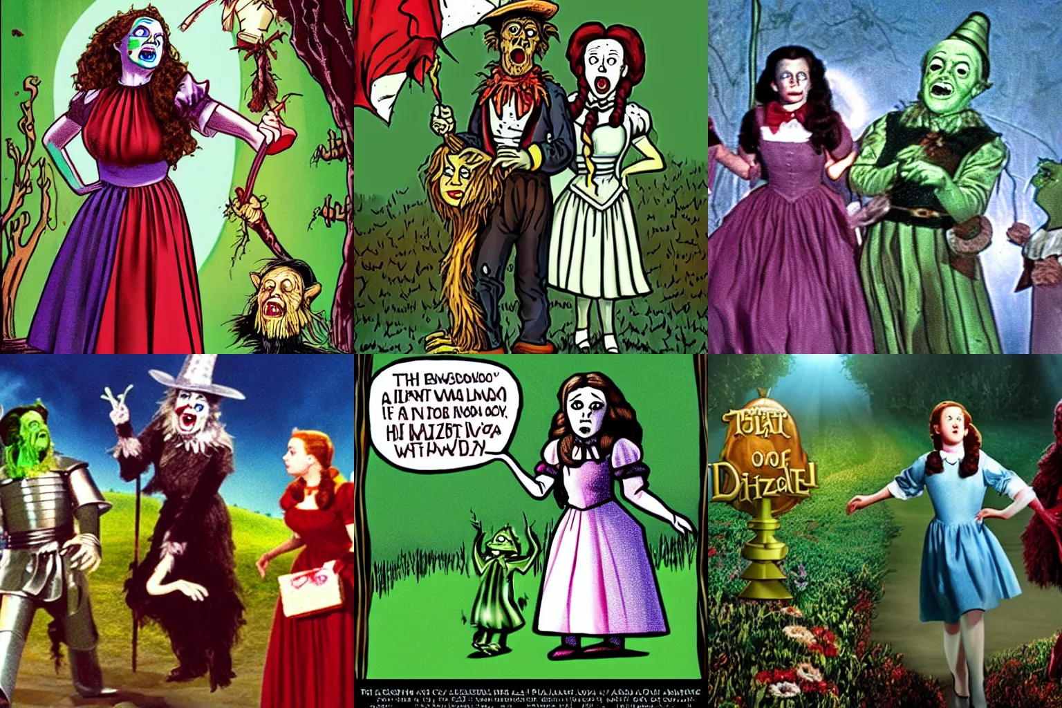 Prompt: The Wizard of Oz with a zombie Dorothy, Wizard of Oz parody