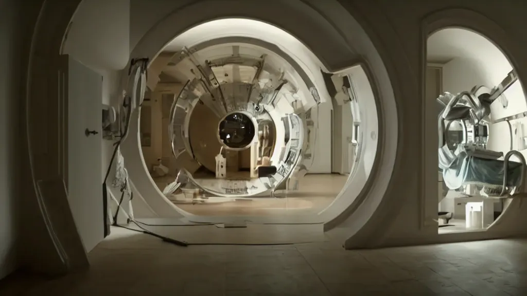 Image similar to an mri image open mri exposed uncovered machine portal in the living room, film still from the movie directed by denis villeneuve with art direction by salvador dali, wide lens