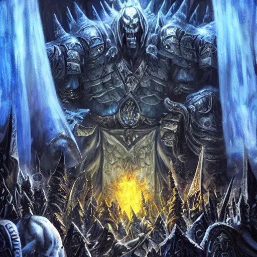 Prompt: vast ice dungeon, arthas the lich king summoning a horde of undead warriors, warcraft, warcraft artwork, mixed art, cinematic light, majestic, hyperrealistic, hyper detailed, dark fantasy, gritty