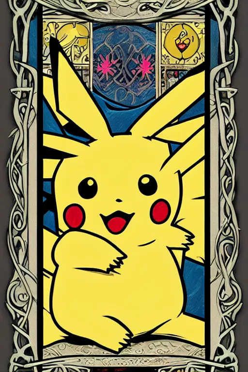 Image similar to Pikachu tarot card, art nouveau style, trending on artstation