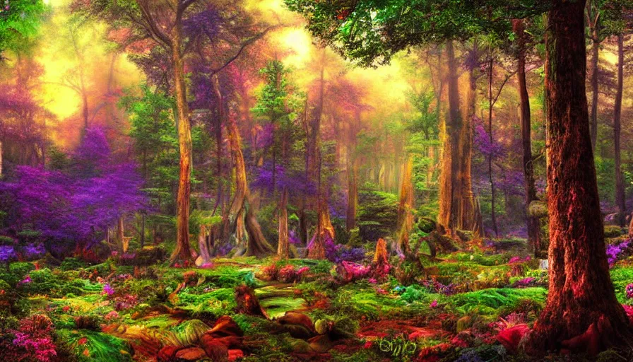 Image similar to landscape psychodelic dmt lsd forest, photorealistic, artgerm, artwork by Bierstadt, Albert