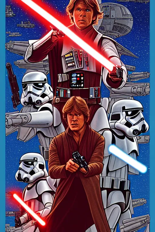 Image similar to platonic ideal of han solo, luke skywalker, detailed stormtroopers, darth vader wearing a long flowing cape, action pose, intricate, volumetric lighting, moebius, geof darrow, dan mumford, alphonse mucha, movie poster,