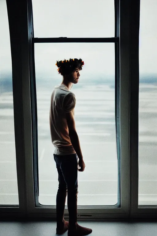 Image similar to kodak portra 1 6 0 photograph of a skinny guy standing in a spaceship, window, flower crown, back view, moody lighting, moody vibe, telephoto, 9 0 s vibe, blurry background, tranquil, calm, faded!,