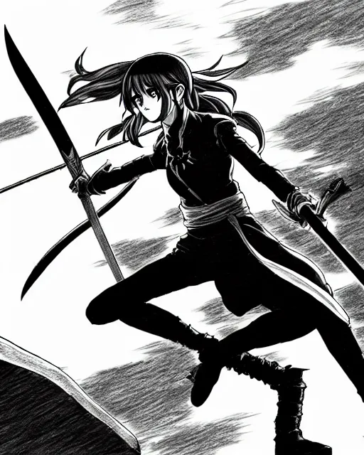 Prompt: a very detailed pencil drawing of emma watson in demon slayer manga panel, action lines, on rooftop, back light, sword slash, high resolution, dynamic pose, landscape, full body, action, sword, hyper realistic, manga, koyoharu gotouge, sakuga