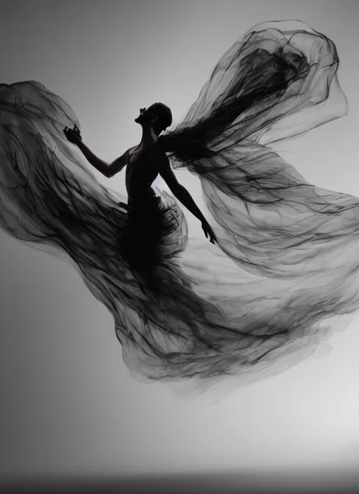 Image similar to a Photorealistic dramatic hyperrealistic render of a beautiful Female smoke dancer by Ken Brower and Deborah Ory of NYC Dance project,Lois Greenfield,Flowing cloth and smoke,Beautiful dynamic dramatic dark moody lighting,volumetric,shadows,cinematic atmosphere,Octane render,8K