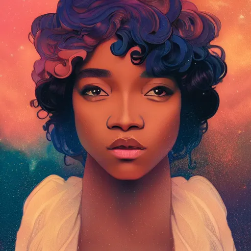 Prompt: black woman with gorgeous pastel balayage hairstyle, as seen on artgerm, octane render, exploding nebulae in the style of alphonse mucha, ultra realistic, highly detailed, 8 k,