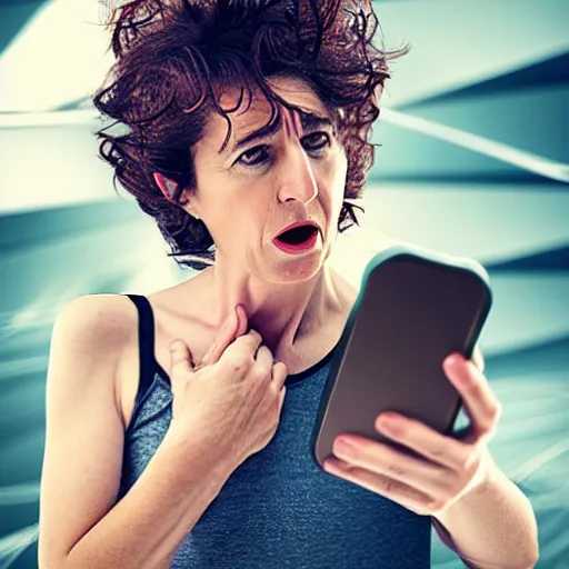 Image similar to astonished middle aged lady looking at smartphone angrily, wild hair, greek ethnicity, slick hair, angry eyes,