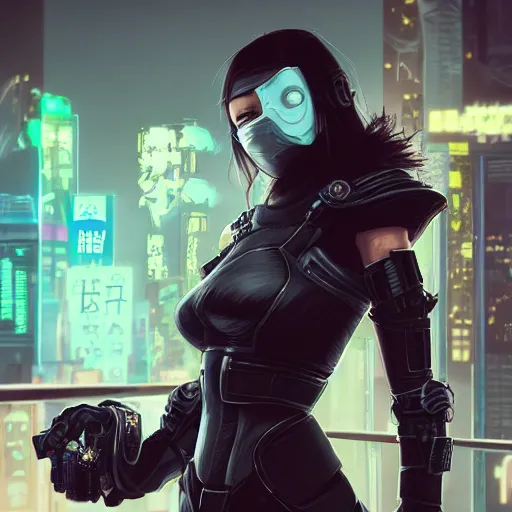 Image similar to An epic fantastic ultrarealism comic book style portrait painting of a female cyberpunk armor ninja, no face mask, tzuyu from twice, ultradetailed face by WLOP, blue and ice silver color armor, cyberpunk feel raining at tokyo rooftop, Concept world Art, unreal 5, DAZ, 8k, hyperrealistic, octane render, cosplay, RPG portrait, final fantasy artwork concept, dramatic lighting, rim lights