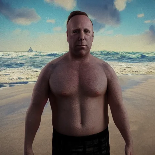 Image similar to hyperrealistic mixed media image of alex jones from info wars posing on a beach wearing a tutu, stunning 3 d render inspired art by istvan sandorfi and greg rutkowski, perfect facial symmetry, realistic, highly detailed attributes and atmosphere, dim volumetric cinematic lighting, 8 k octane extremely hyper - detailed render, post - processing, masterpiece,