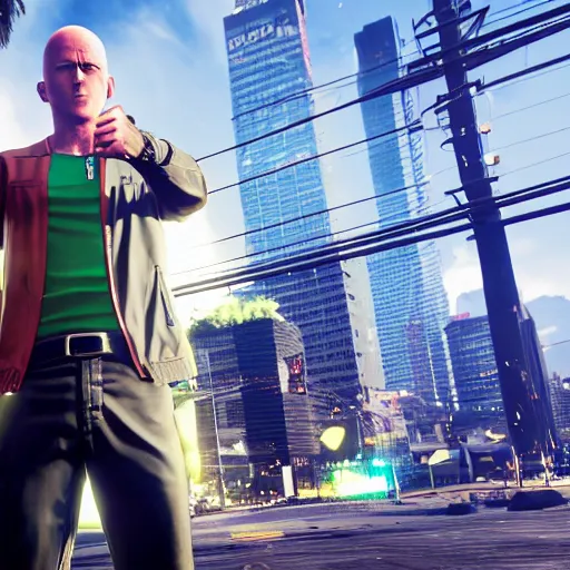 Image similar to an ingame shot of the one punch man as a gta 5 character, ingame shot from gta 5, ray tracing x, wet reflections, unreal engine 5, intricate details, fantasy, hyper realism, humongous view, smooth, cinematic