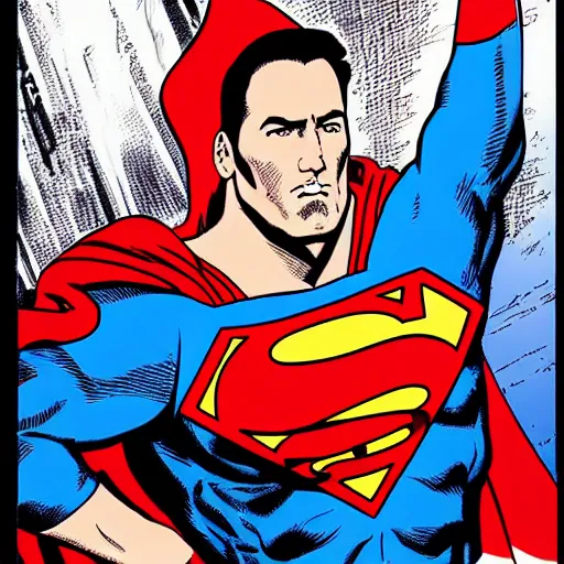 Image similar to Nicholas Cage as Superman comic book. Red cape. Detailed face Marvel comics art style. Halftone