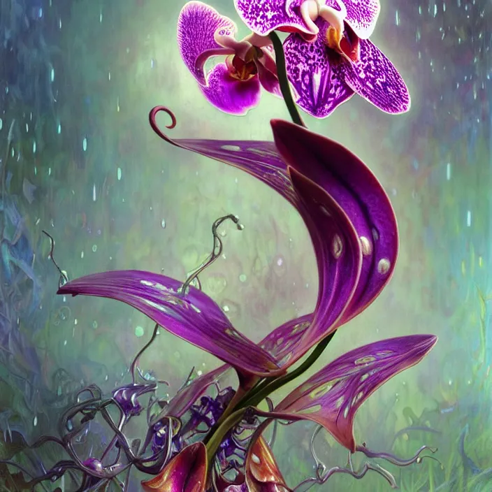 Image similar to psychedelic organic cyborg orchid in heavy wind and rain, diffuse lighting, fantasy, intricate, elegant, highly detailed, lifelike, photorealistic, digital painting, artstation, illustration, concept art, smooth, sharp focus, art by John Collier and Albert Aublet and Krenz Cushart and Artem Demura and Alphonse Mucha