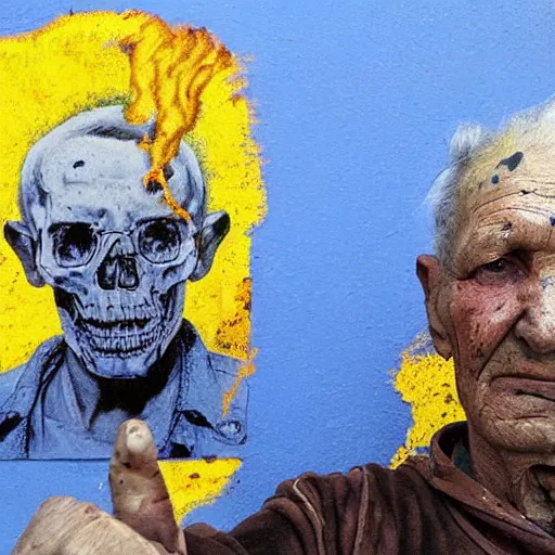 Image similar to selfie of the last surviving ukrainian, burning alive to the bone, wild pain and damage to the body, painted in dirty yellow - blue colors, against the backdrop of a huge nuclear explosion