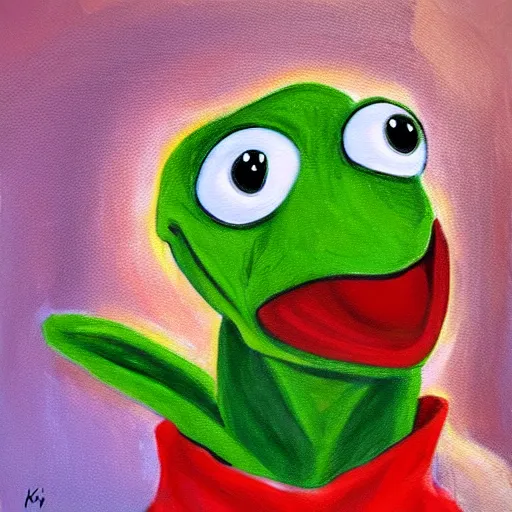 Prompt: painting of kermit in the style of margaret keane.