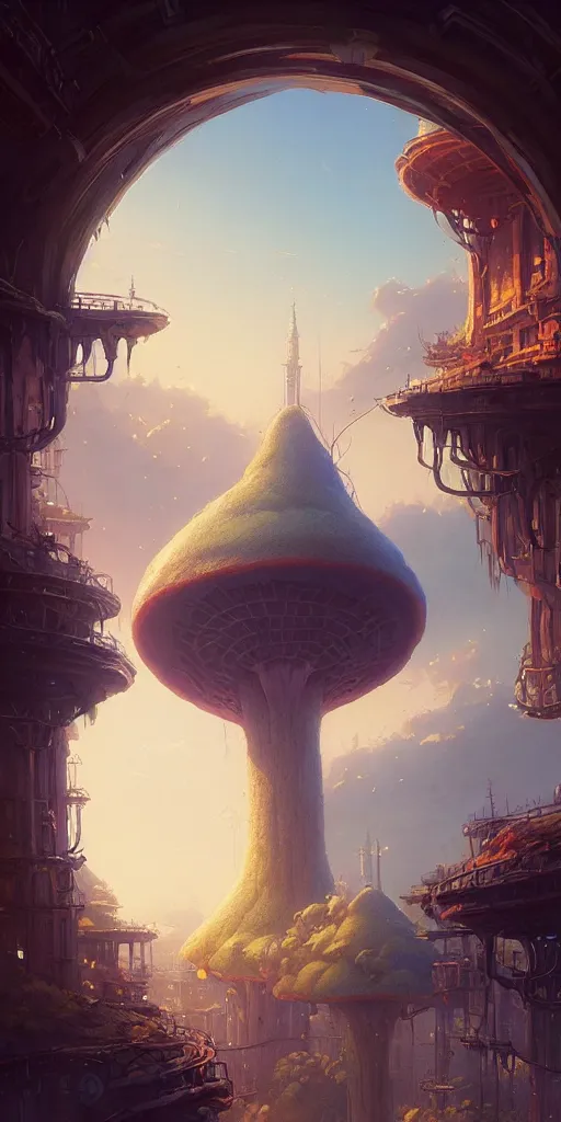 Prompt: a city built on a giant mushroom, unreal engine, fantasy art by greg rutkowski, loish, rhads, ferdinand knab, makoto shinkai and lois van baarle, ilya kuvshinov, rossdraws, tom bagshaw, global illumination, soft light, detailed and intricate environment