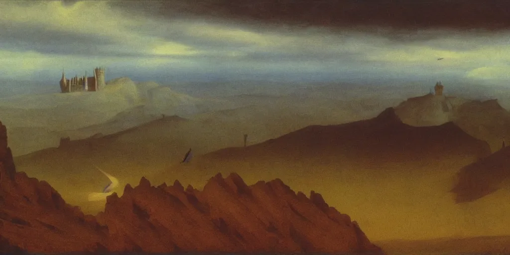 Prompt: painting of mysterious landscape with castle in the sky by George Stubbs, zdzisław beksiński, renaissance painting, oil painting, old master
