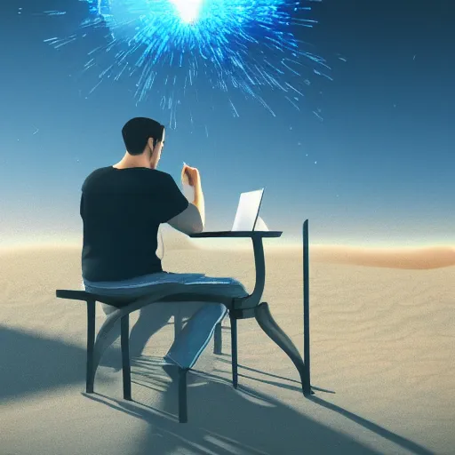 Prompt: A man sitting in the desert at a computer, explosions in the background, digital art, artstation, hyperdetalied, high rendering, high quality, 8k,