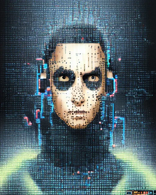 Image similar to a glitch art character portrait of cyborg wizard / hacker trending on artstation deviantart pinterest detailed realistic hd 8 k high resolution