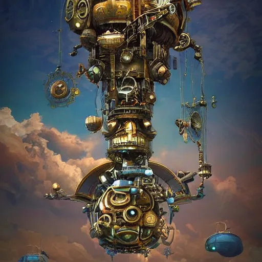 Image similar to flying city in a mechanical flower, sky, fantasy art, steampunk, masterpiece, octane