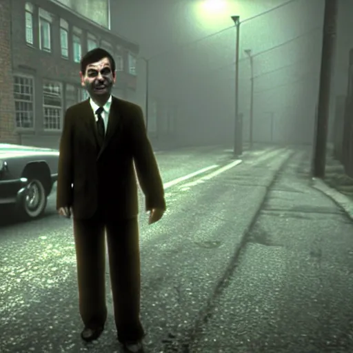 Prompt: mr. bean in silent hill. unreal engine, source engine, psx, playstation